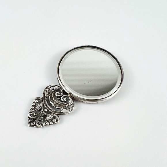 Vintage Denmark HANS JENSEN Silver Plated Hand Purse Mirror Village Tavern Scene - Picture 6 of 6